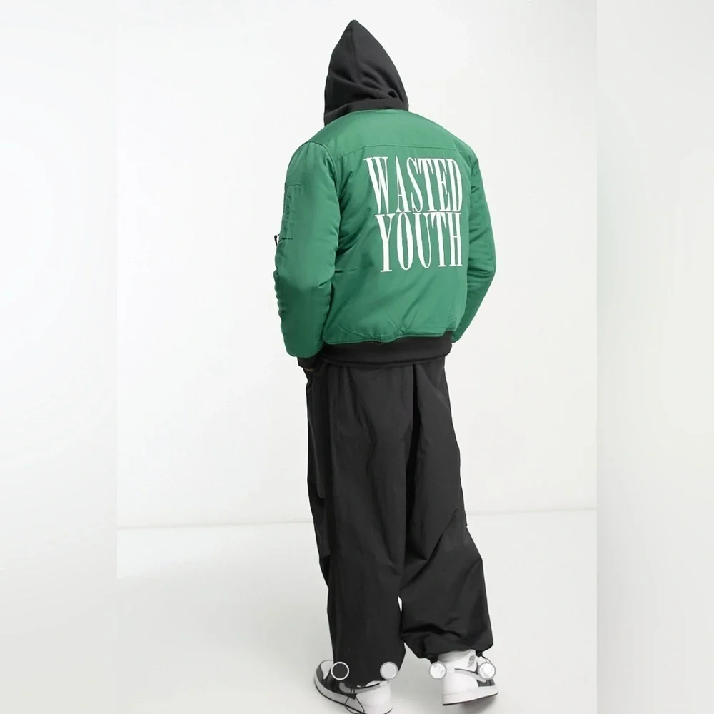 NEW WESC wasted youth logo print bomber jacket in green